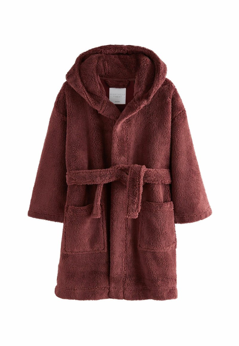 Bordeaux-roter Kapuzenbademantel aus strukturiertem Stoff, mit einem Bindegürtel und zwei vorderen Taschen. Entwickelt für Komfort und Entspannung.