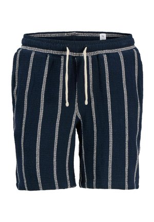 Marineblå strikkeshorts med hvite vertikale striper og hvit snor i midjen.