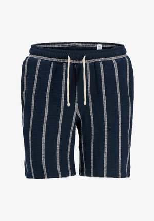 Tengerészkék kötött rövidnadrág fehér függőleges csíkokkal és fehér zsinóros derékpánttal.