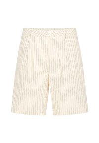 Shorts couleur crème avec fines rayures verticales noires, passants pour ceinture, fermeture avant par bouton et poches latérales.