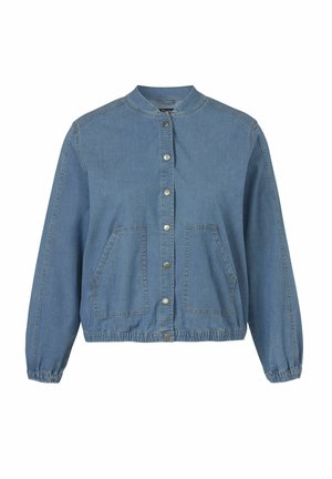 Blaue Jeansjacke mit Druckknopfverschluss, zwei Fronttaschen, elastischen Bündchen und elastischem Bund, mit rundem Kragen.