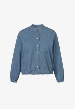 Veste en jean bleue avec fermeture par boutons-pression, deux poches avant, poignets élastiques et taille élastique, col rond.