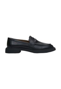 Black leather men's loafer with a low heel and decorative strap across the top, shown in side profile on a white background.