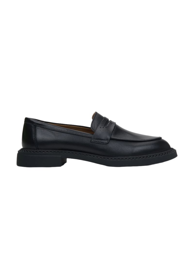 Black leather men's loafer with a low heel and decorative strap across the top, shown in side profile on a white background.