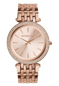 Złoty zegarek Michael Kors w odcieniu różowego złota z okrąłą tarczą, bezel ozdobiony kryształkami oraz metalową bransoletą z ogniwami. Proste znaczniki godzin i smukłe wskazówki.