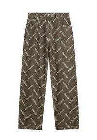 Pantaloni din denim khaki cu un model de pene pe toată suprafața în bej deschis. Croi larg, cu buzunare standard și detalii de cusătură în contrast.