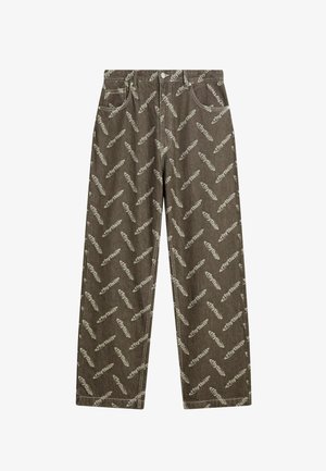 Pantalons en denim kaki avec un motif de plumes sur l'ensemble en beige clair. Coupe ample avec poches standard et détails de couture contrastés.