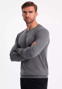 Grauer Strickpullover mit Rundhalsausschnitt, langen Ärmeln und gerippten Bündchen. Tragen von einem Mann mit verschränkten Armen vor einem neutralen Hintergrund.