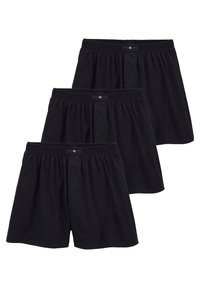 Melni kokvilnas bokseršorti, trīs iepakojumā, ar elastīgu jostasvietu un priekšējiem pogām. Gluda tekstūra, standarta piegriezums, bez rakstiem vai akcentiem.