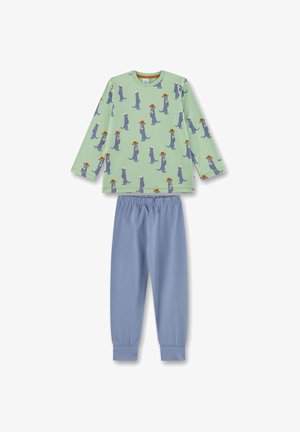 Grünes Langarmoberteil mit Aufdruck von Ottern in Hüten, kombiniert mit hellblauen Hosen mit elastischem Bund. Weicher, Baumwollstoff mit glatter Textur.