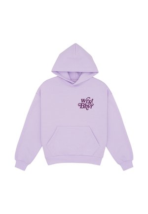 Sweat à capuche lilas avec poche avant et texte violet foncé "Wrst Bhvr" sur la poitrine gauche, présenté sur fond blanc.