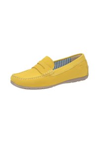 Gelbe Wildleder Slipper mit einem Slip-On-Design, ausgestattet mit einem Vordersteg und kontrastierenden blau-weiß gestreiften Futter. Gummisohle mit strukturiertem Griff.