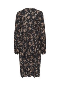 Black floral dress with long sleeves, featuring a light pink and cream flower pattern, a relaxed fit, and a waist seam detail.