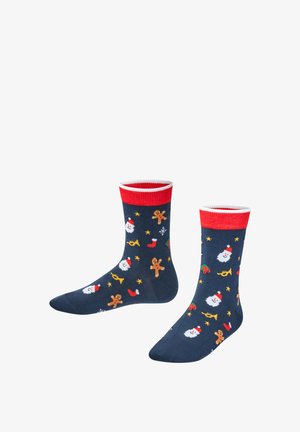 Marineblaue Socken mit rot-weißen Rippbündchen, die ein festliches Muster mit Weihnachtsmann, Lebkuchenmännern und Feiertagsakzenten auf einem strukturierten Hintergrund zeigen.