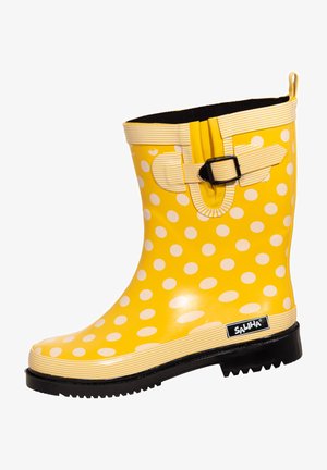 Yellow rubber rain boot with white polka dots, striped accents, side buckle, and textured black sole for grip. Brand logo on the side.