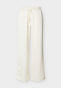 Εκρού φαρδιά παντελόνια με ελαστική μέση και κορδόνι στη μπροστινή όψη, παρουσιάζονται σε απλό ανοιχτό φόντο.