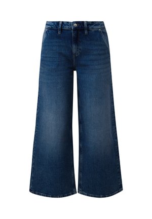 Jeans in denim blu scuro a gamba larga con vita alta, chiusura con bottone e leggeri sbiadimenti. Presentano una texture morbida e un classico design a cinque tasche.