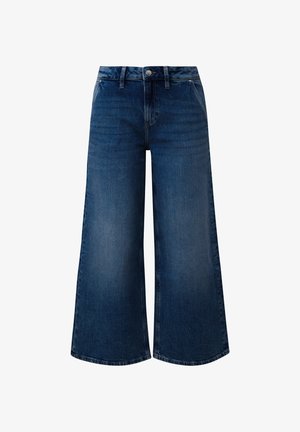 Hellebeige Mid-Jeans mit weit geschnittenem Bein, hohem Bund, Knopfverschluss und dezentem Verblassen. Sie weisen eine glatte Textur und ein klassisches Fünf-Taschen-Design auf.