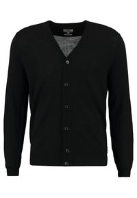 Svart cardigan i lättstickad tyg. Har V-hals, knappstängning och långa ärmar med ribbad mudd.