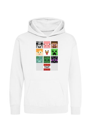 Hvid hættetrøje med pixelkunst, der viser ni Minecraft-karakterer og genstande, herunder en gris, en creeper, en TNT-blok og en spillers ansigt i et gittermønster.