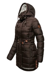 Brown puffer jacket with a quilted design, drawstring hood, and two front pockets. Features faux fur lining and leather accents on pockets.