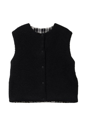 Gilet en polaire noir avec un col rond, des fermetures à pression à l'avant et une doublure en tissu à carreaux. Le design sans manches ajoute de la chaleur.