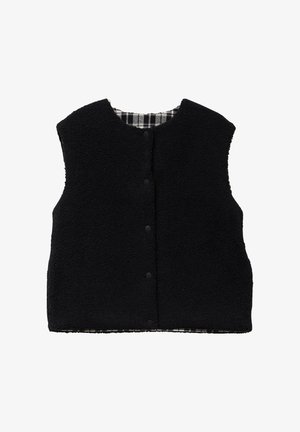 Chaleco de forro polar negro con un escote redondo, cierres delanteros a presión y un forro de tela a cuadros. El diseño sin mangas añade calidez.