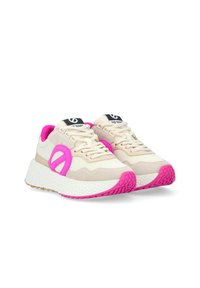 Beige and pink athletic sneakers featuring a textured sole, mesh detailing, chunky design, and a prominent logo tab on the tongue.
