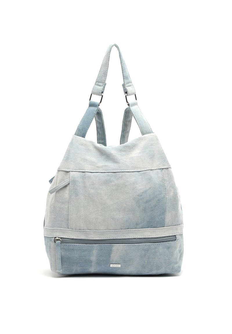 Blå och grå canvasväska med justerbara remmar, framficka och dragkedja nederst; mjuk textur och modern design.