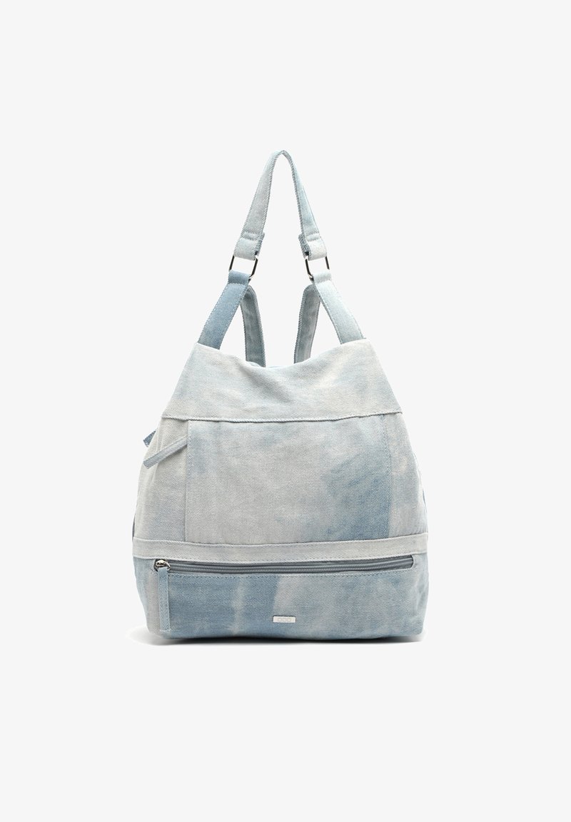 Mėlynas ir pilkas kanvos krepšys su reguliuojamomis petnešomis, priekinėmis kišenėmis ir užtrauktuku uždaroma apačia; minkšta tekstūra ir modernus dizainas.