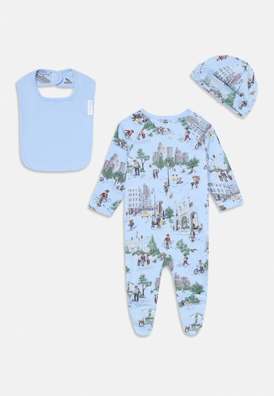 Blue baby set with city and park scenes print, including long-sleeve footed onesie, matching hat, and solid blue bib with snap closure.