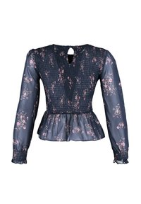Marineblå bluse med blomsterdesign, lange gennemsigtige ærmer, smocket bodice, peplumslinning og en nøglehulsdetalje bagpå. Har små lyserøde og hvide blomstermønstre.