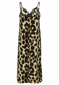 Nachthemd mit Leopardenmuster, verstellbaren Spaghettiträgern, Spitzendetails am Ausschnitt und satinartiger Oberfläche.