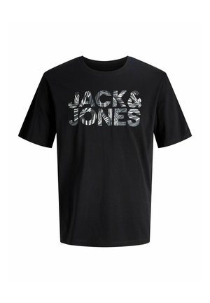 Fekete rövid ujjú póló a mellkas közepén tükröződő, absztrakt mintában elhelyezett "JACK & JONES" felirattal.