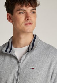 Joven vestido con un suéter de cremallera gris claro, con un cuello a rayas en azul marino y un pequeño logo en rojo, blanco y azul marino, mirando ligeramente hacia la derecha.