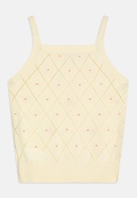 Top senza maniche lavorato a maglia di un morbido giallo con motivo a rombi, caratterizzato da piccoli punti rosa e cuciture gialle a contrasto. Texture liscia, forma aderente.