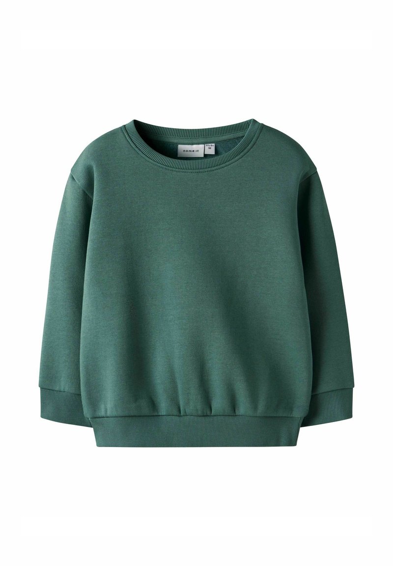 Zielony sweter crewneck dla maluchów z ściągaczami przy mankietach i u dołu oraz miękką tkaniną bawełnianą.