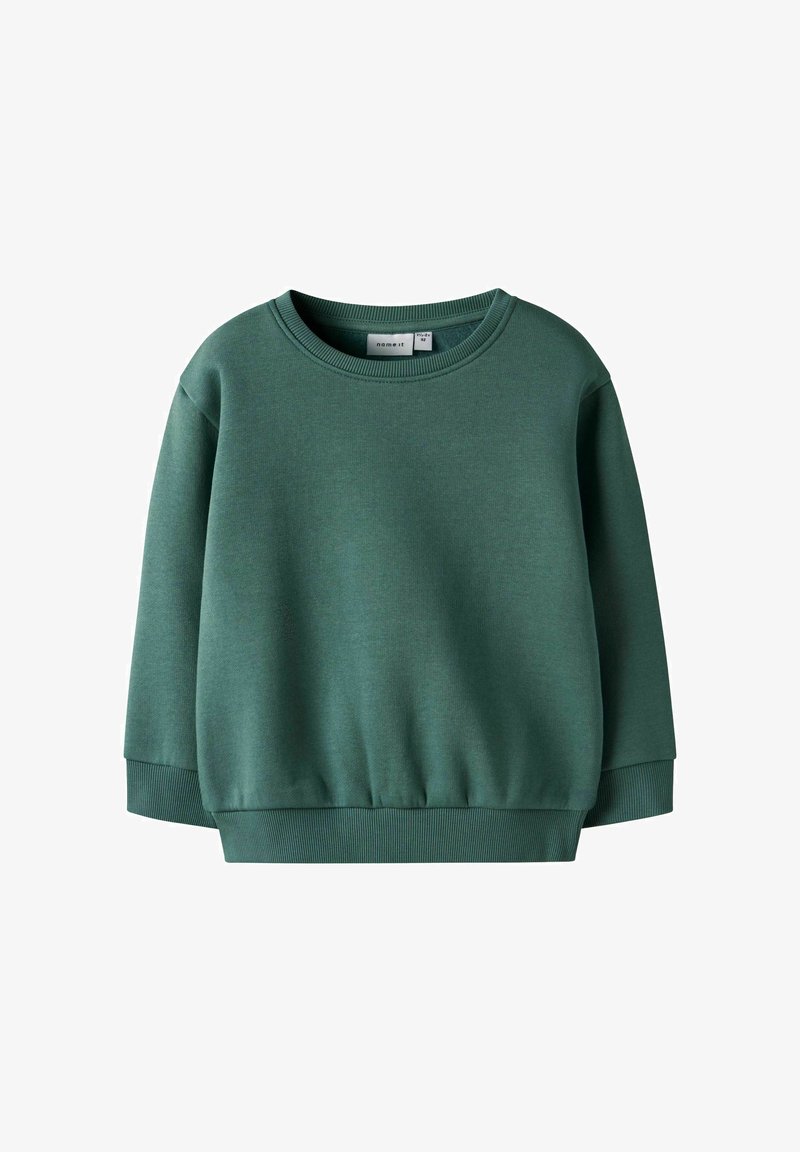 Zielony sweter crewneck dla maluchów z ściągaczami przy mankietach i u dołu oraz miękką tkaniną bawełnianą.