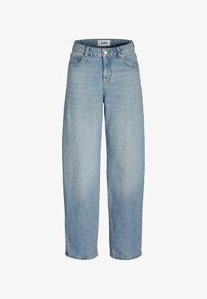 Svetlomodré rovné džínsy vyrobené z denimu. Obsahujú vysoký pás, dizajn s piatimi vreckami a zapínanie na gombík na vrchu.