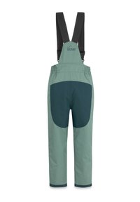 Wasserdichte, grüne Latzhosen mit verstellbaren schwarzen Hosenträgern, einer großen dunkelgrünen Rückentasche und einem elastischen Bund für Komfort.