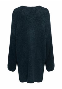 Ciemnozielony, oversize’owy sweter z dzianiny o długich rękawach, teksturowanej tkaninie, szerokim kroju i zaokrąglonym dekolcie. Podstawowy fason, bez wzorów i akcentów.