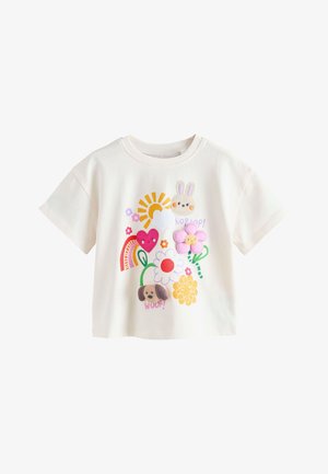 Cremefarbenes Kurzarmhemd mit bunten Cartoon-Designs von Sonne, Hase, Blumen, Regenbogen, Herz und Hund mit "hop hop" und "woof" Text.