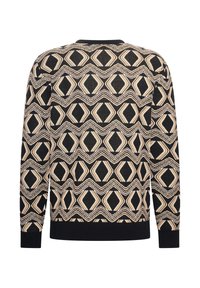 Suéter de punto con un patrón geométrico en negro, beige y crema, con un cuello y puños acanalados, fabricado en un tejido texturizado y ligero.