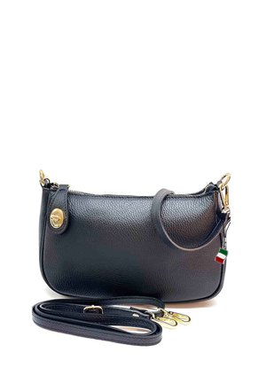 Black leather crossbody bag with gold-tone zipper and hardware, detachable strap, and small tag in Italy flag colors.