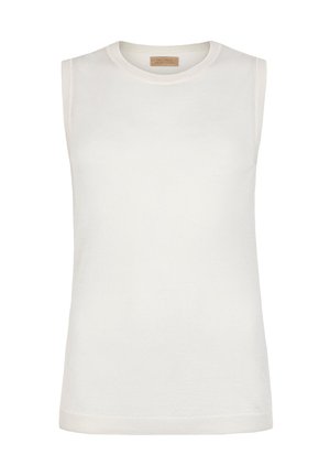 Ærmeløs hvid striktop med rund halsudskæring, lige kant og et lille mærke med mærke inde i kraven.