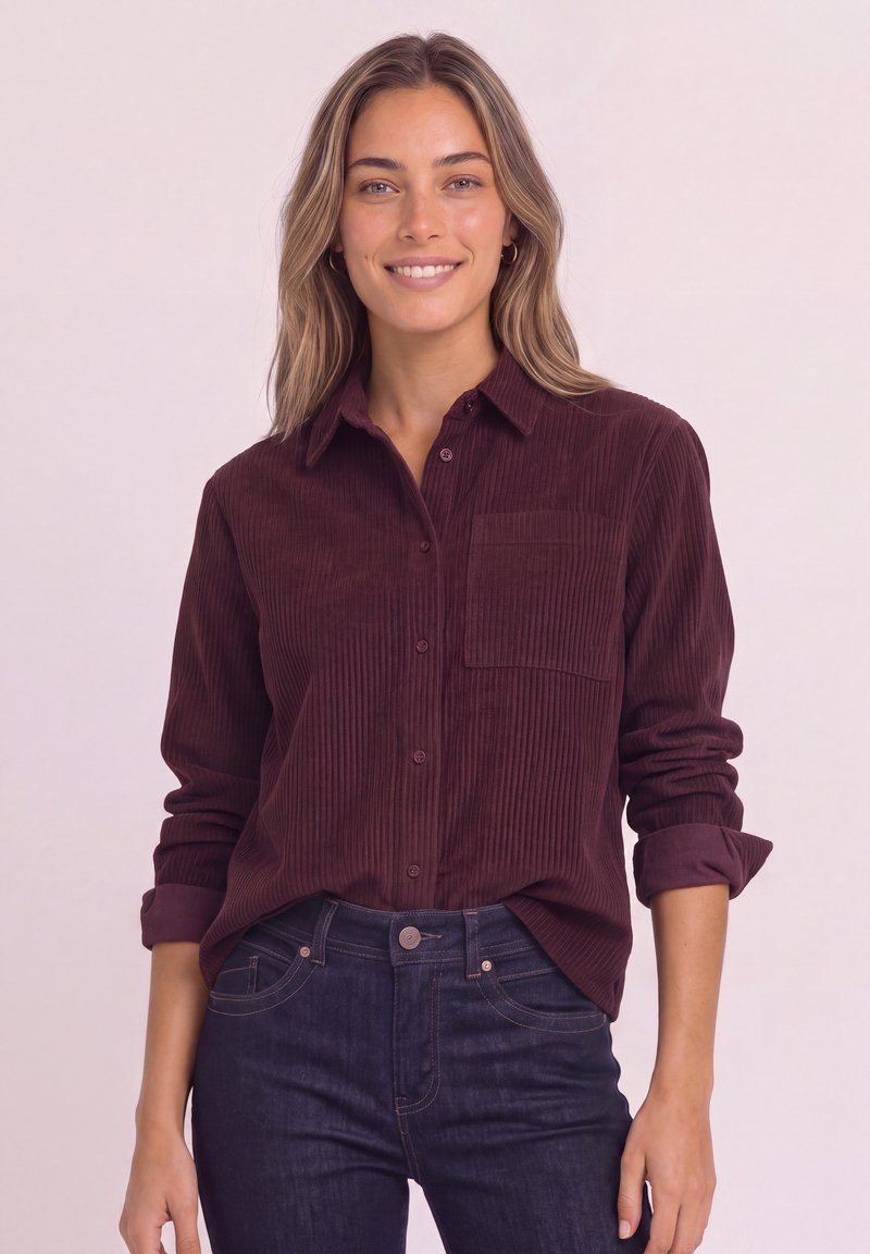 Jeune femme souriante, portant une chemise en velours côtelé bordeaux à manches longues retroussées et un jean bleu foncé sur un fond uni.