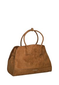 Bruine suède handtas met dubbele ronde handgrepen, ruime ontwerp en een subtiele textuur. Heeft een merkaccent op de onderzijde van de voorkant.