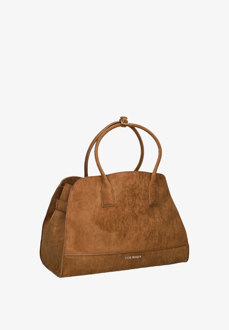 Bruine suède handtas met dubbele ronde handgrepen, ruime ontwerp en een subtiele textuur. Heeft een merkaccent op de onderzijde van de voorkant.