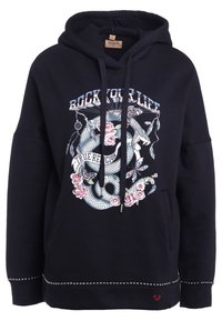 Sudadera negra con un gran gráfico frontal que presenta diseños florales y de serpientes. Diseñada con un cordón ajustable y detalles decorativos en el dobladillo.