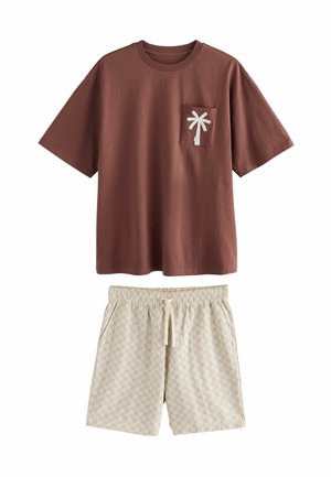 Brown cotton t-shirt with a palm tree pocket design, paired with beige patterned shorts featuring an elastic waistband and drawstring.